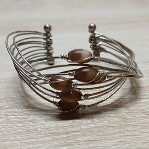 Vintage Silver Tone Brown Glass Bead Bracelet Cuff Costume jewelry #28